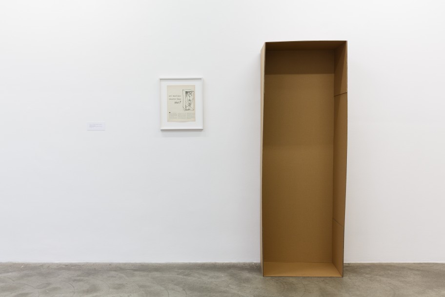 Alessandro Balteo-Yazbeck Are Machines smarter than me? From the series Know Your Company, 2011–2015alternative casket (corrugated cardboard box), framed vintage ad (lithograph) and narrative wall label 