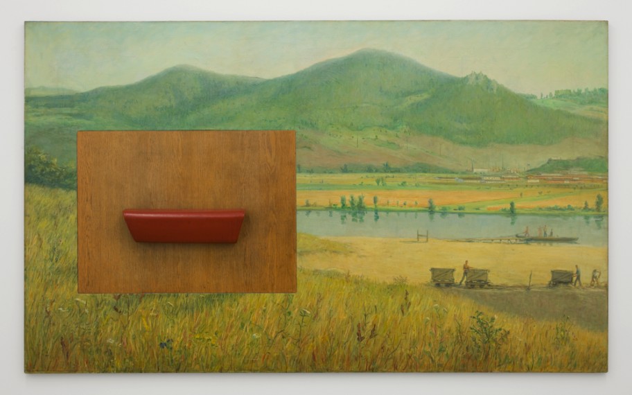 Roman Ondak Mailbox, 2013Found oil painting on canvas, found mailbox made of delineator, section of a door 130 x 216 x 12 cm 