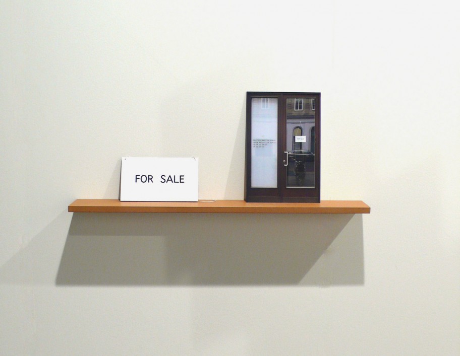Roman Ondak For Sale, 2007Paper sign, string, colour photograph mounted on dibond, MDF shelf, 37.5 x 93 x 14 cm 