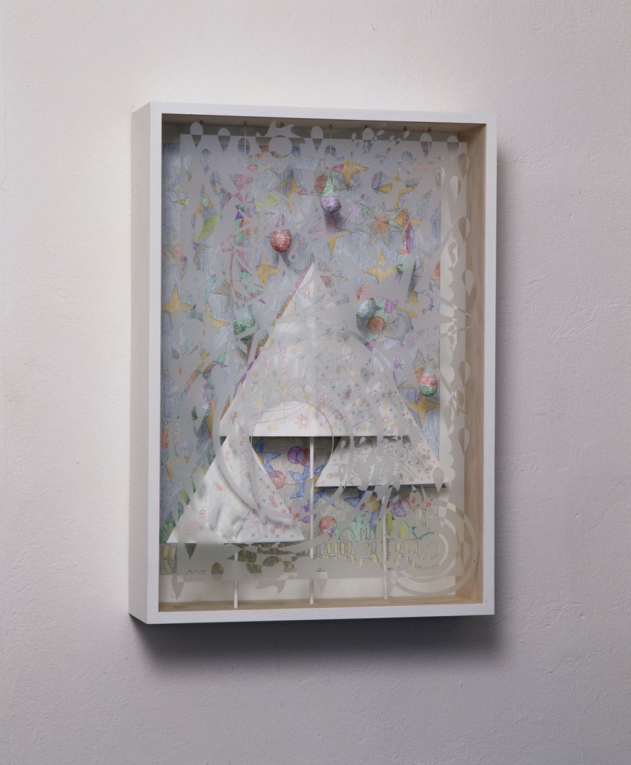 Peter Pommerer pssst....Stille, 2007 Glass, wood, cardboard, colour pencil, thread, paper-mâché, paint 80 x 55,5 x 16 cm 