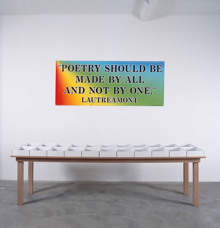 Allen Ruppersberg Free poetry, 2005 - 2006 Printed banner, table with 22 boxes, containing stacks of Xeroxed pages with 22 different images and fingerprints in coloured ink 