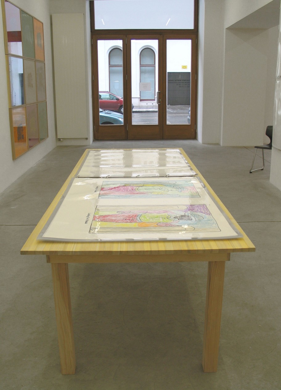 Allen Ruppersberg False Eye Level, 2001/2006 Xeroxed pages coloured with crayon, laminated; table 94,4 x 126,7 cm; 17 parts 