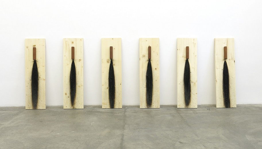 Roman Signer Raketen auf Holzbrettern, 2020 Holz, Raketen 6 parts, each 85 x 24 x 2 cm 