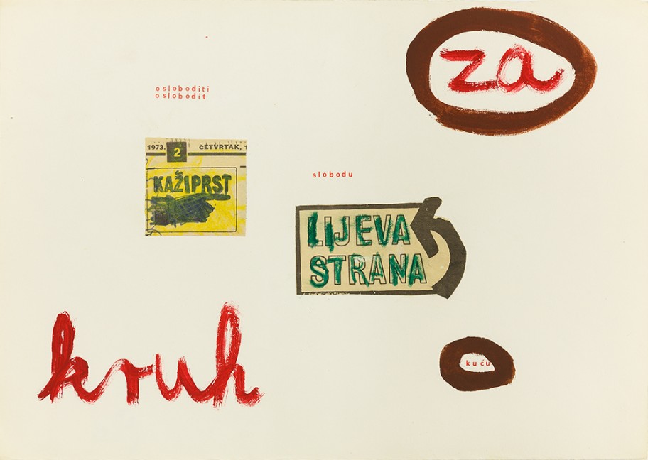 Mladen Stilinović Za kruh (for bread), 1973tempera, rub-off letters, newspaper on paper 21,3 x 29,8 cm 