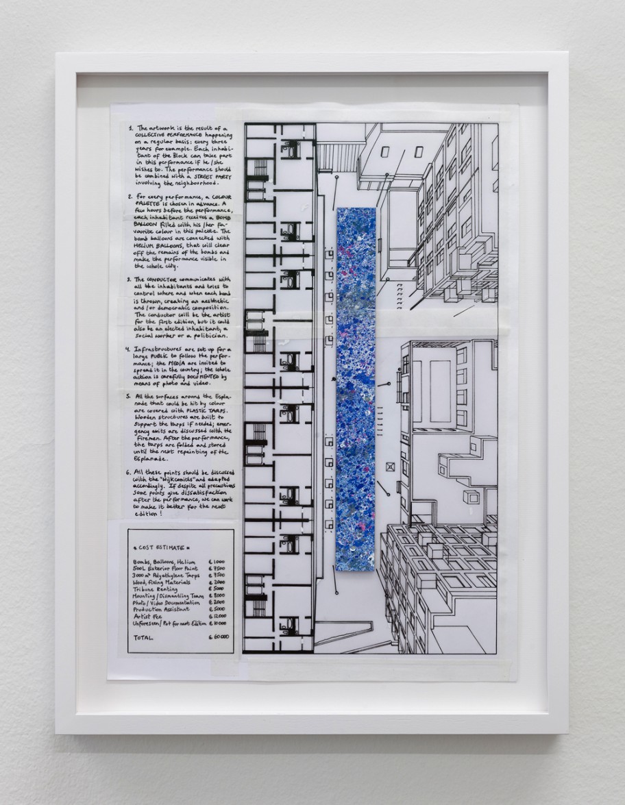Adrien Tirtiaux Dripping Bomb Drop (Detail), 2013–2014 felt tip pen, paint on paper and tracing paper, C-Print 5 parts, each 42 x 29,7 cm 