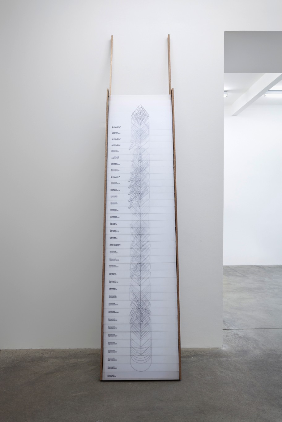 Adrien Tirtiaux La tour de Nimrod était faite de mots, 2013–2014 marker on polyester tracing paper, wood, metal 260 x 52 x 4,5 cm 