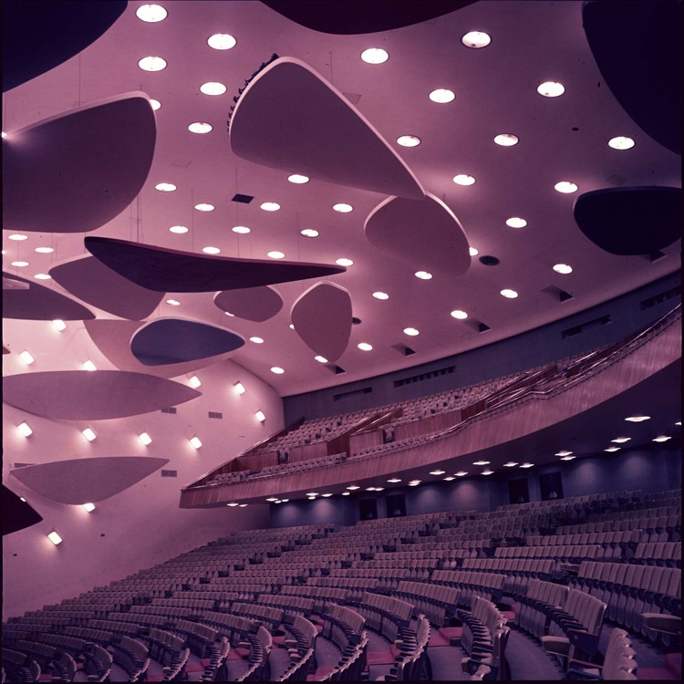 Alessandro Balteo-Yazbeck in collaboration with Media Farzin & Paolo Gasparini  Architect Carlos Raúl Villanueva in collaboration with Alexander Calder. Aula Magna auditorium, Ciudad Universitaria de Caracas, 1954. From the series Modern Entanglements, U.S. Interventions, 2006-2009 (Purple detail)Framed C-print from unstable (1954) Kodachrome attributed to Paolo Gasparini, two wall labels with narrative text 184 x 184 cm (framed). Installation dimensions variable 