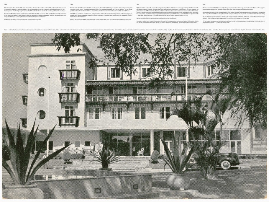 Alessandro Balteo-Yazbeck & Media Farzin  Mobile for the Hotel Ávila, 1939–1942. From the series Modern Entanglements, U.S. Interventions, (detail) 2006-2009Framed C-print; mock construction plan of Calder's mobile (print on paper) and wall label with narrative text Installation size: 280 x 204 cm 