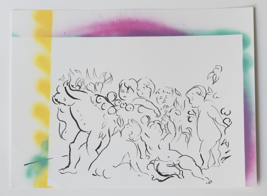 Lucy Stein  Babies and Fruit (idea for azulejos), 2013 Tinte und Sprayfarbe auf Papier 28 x 38 cm 